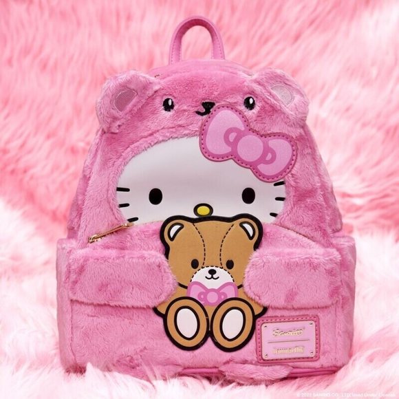 Hello Kitty Teddy Bear Cosplay Pink Plush Mini Backpack Loungefly & Sanrio New - Picture 7 of 11